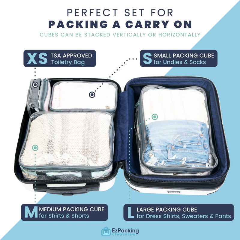 EzPacking Clear Travel Packing Cubes Set of 4 for Carry On (XS, Small, Medium, Large) / See-Through Clothes Organizer Dividers for Suitcase/Transparent Vinyl PVC Cell Pouches for Luggage (Royal Blue) - Image 4